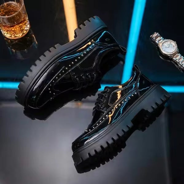 Black & White Men's Thick Sole Loafers, Fashion Youth Platform Oxfords, Slip-On, British Style Casual Business Walking Shoes, Plus Size Men's Shoes