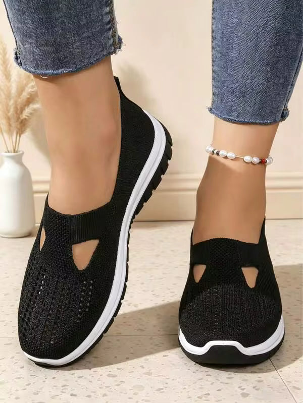 Breathable Mesh Women's Slip-On Sneakers - Lightweight Hollow Design, Plus Size Outdoor Walking Shoes With Embroidery Detail, All-Season Comfort Fabri