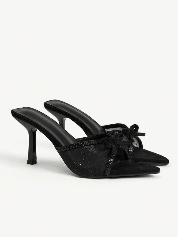 CUCCOO CHICEST Black Suede Mesh, Hot Diamond Bow, Stiletto Sandals, Women's Pointed Toes And High Heels.